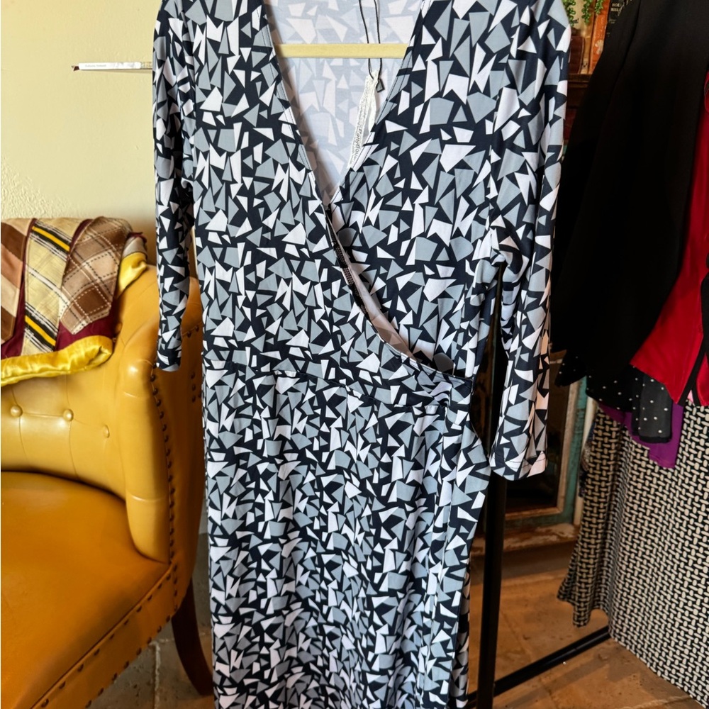 Geometric Navy, Grey and White Wrap Dress